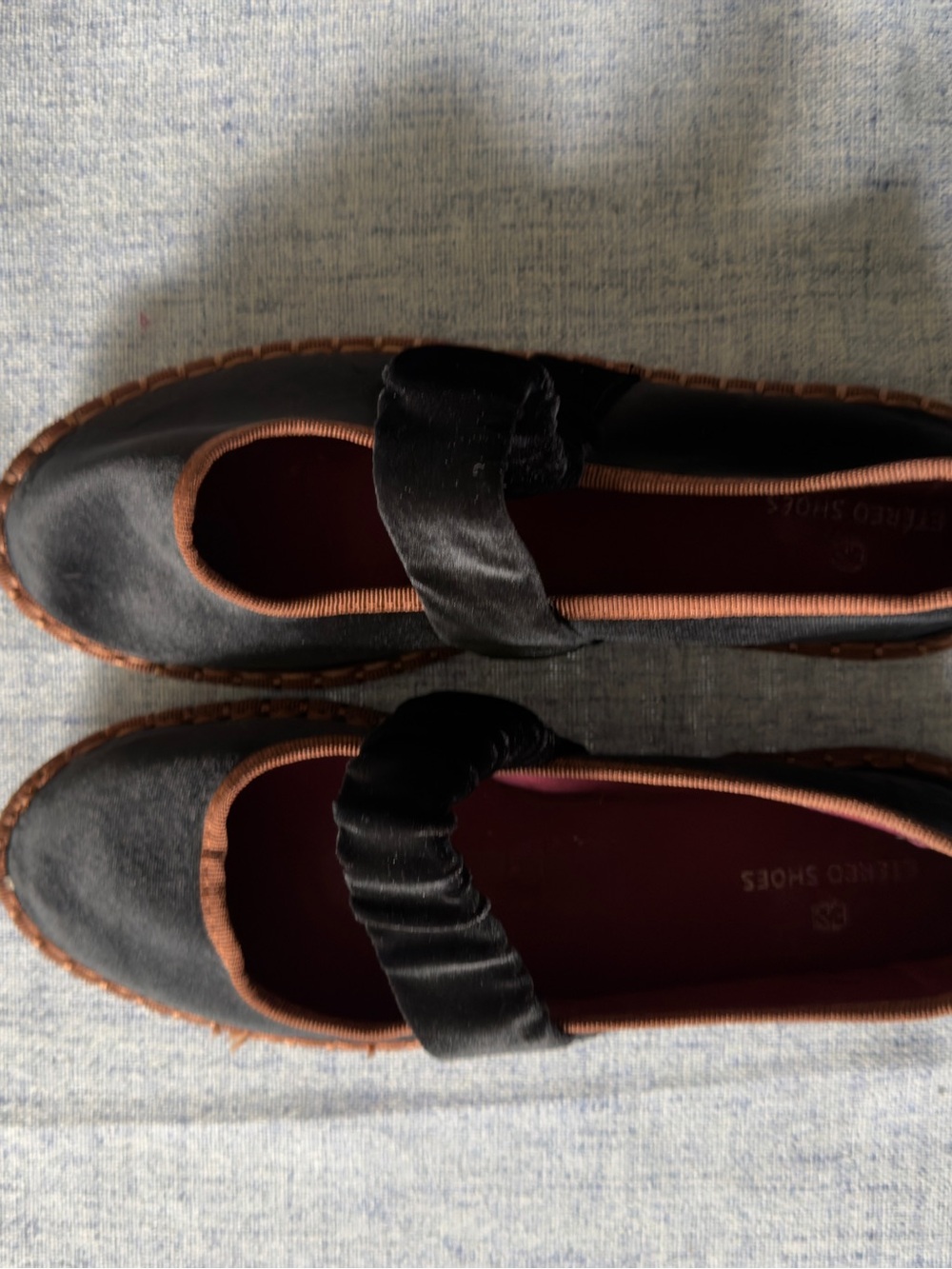 Black Velvet Strap Ballet Flats with Brown Trim